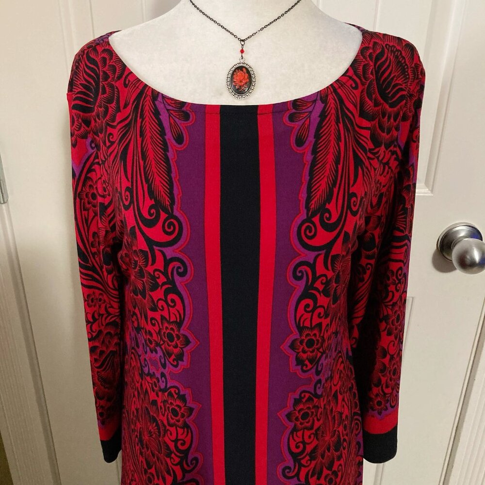 STYLE & CO. Red purple black dark floral stretchy tunic top MEDIUM LARGE shirt - Picture 2 of 13